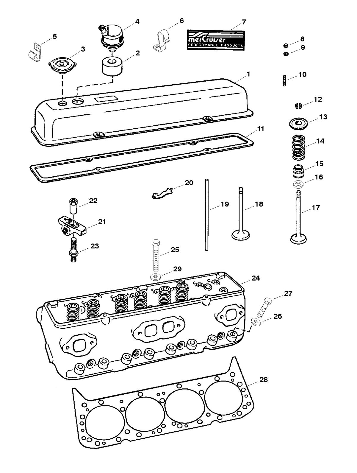 MERCRUISER 800 SC ENGINE CYLINDER HEAD AND ROCKER COVER (SER. # 0F348742 AND BELOW)