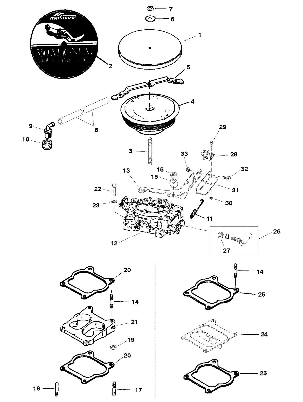 MERCRUISER 350 MAGNUM TOURNAMENT SKI (CARB) CARBURETOR AND THROTTLE LINKAGE