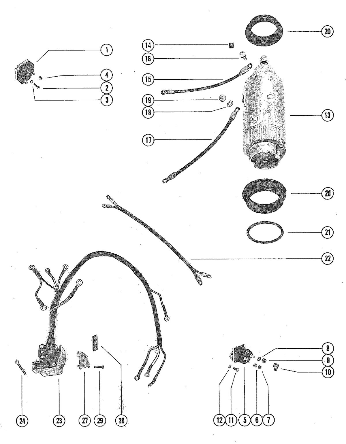 MERCURY MERC 70 (3 CYLINDER) STARTER MOTOR, STARTER SOLENOID AND RECTIFIER ASSEMBLY