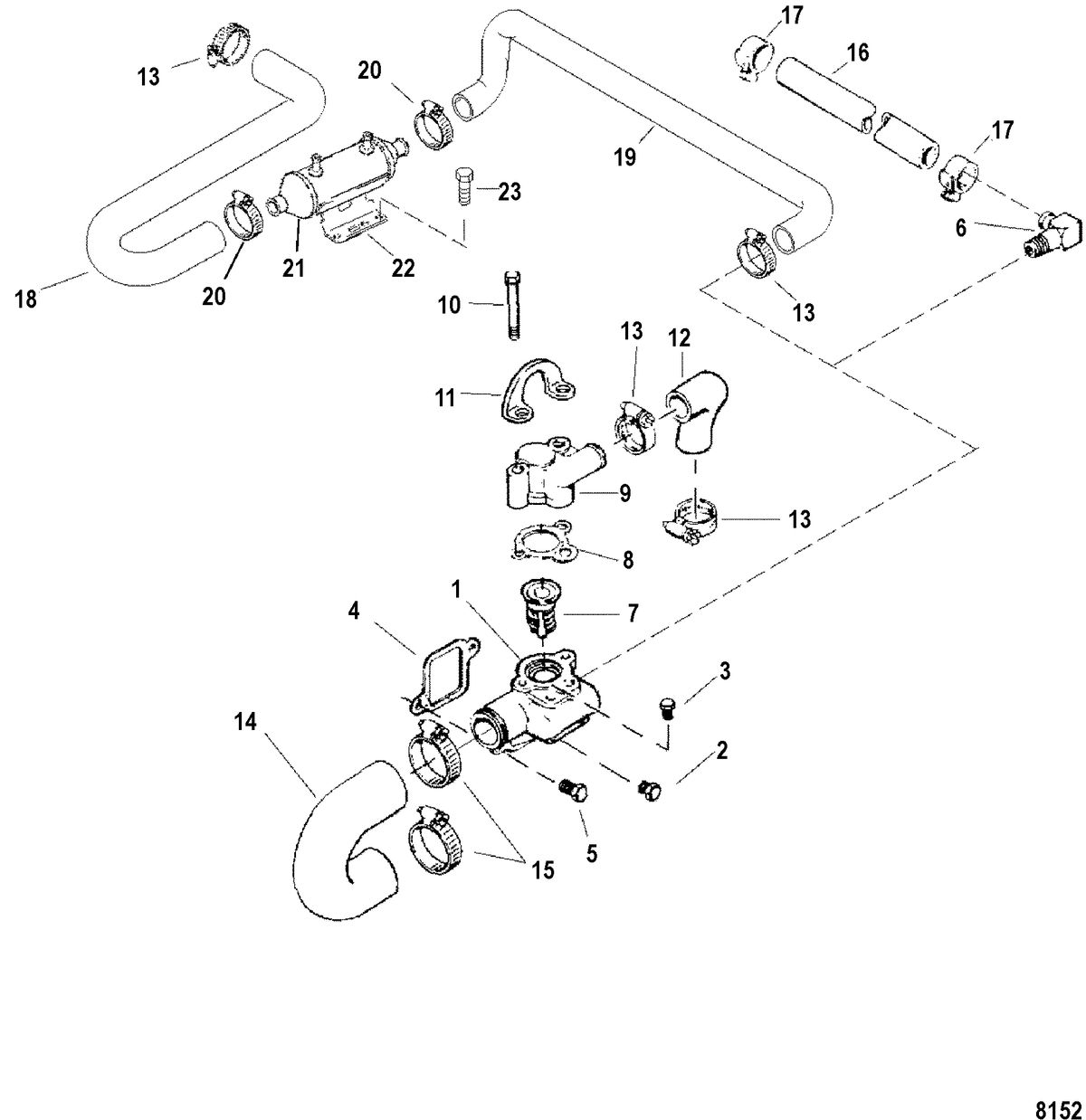 MERCRUISER 3.0L ALPHA ONE Thermostat and Hoses(S/N: 0L340999 And Below)