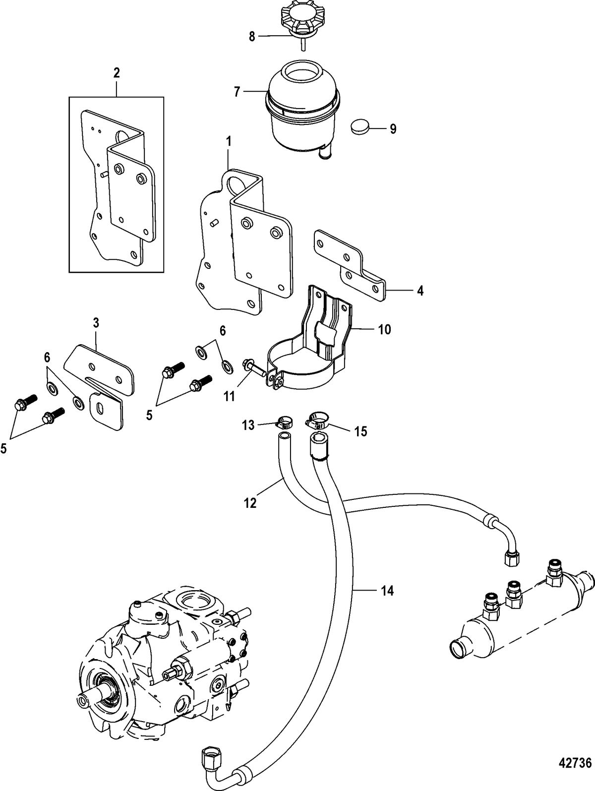 MERCRUISER 5.0L, 350, 377 MAG MPI STERNDRIVE EC AXIUS Steering, Reservoir and Front Lifting Eye, Gen I