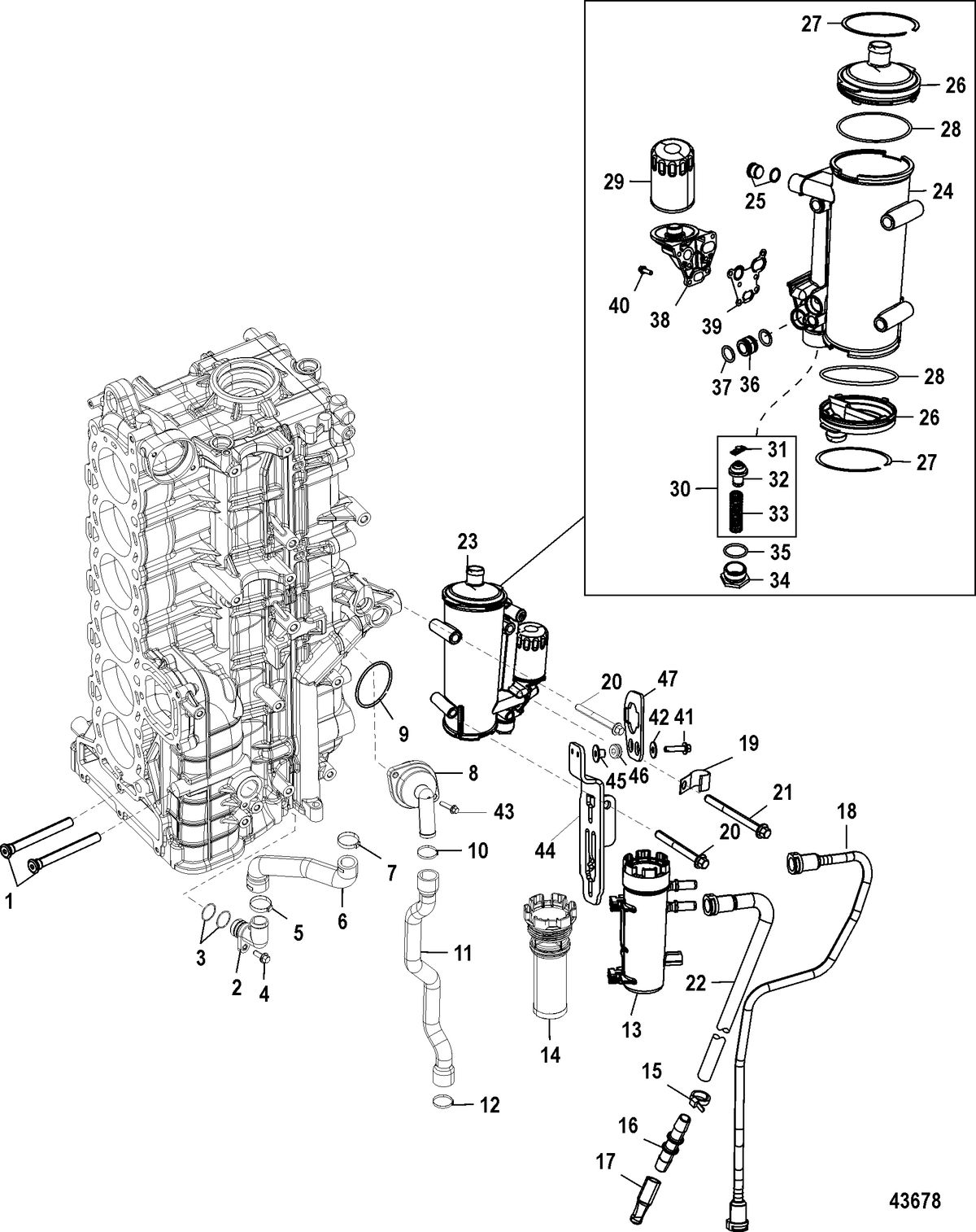MERCURY/MARINER 200/225/250/275/300 4-STROKE VERADO (6 CYLINDER) Starboard Cylinder Block/Oil Cooler(1B830816 and Above)