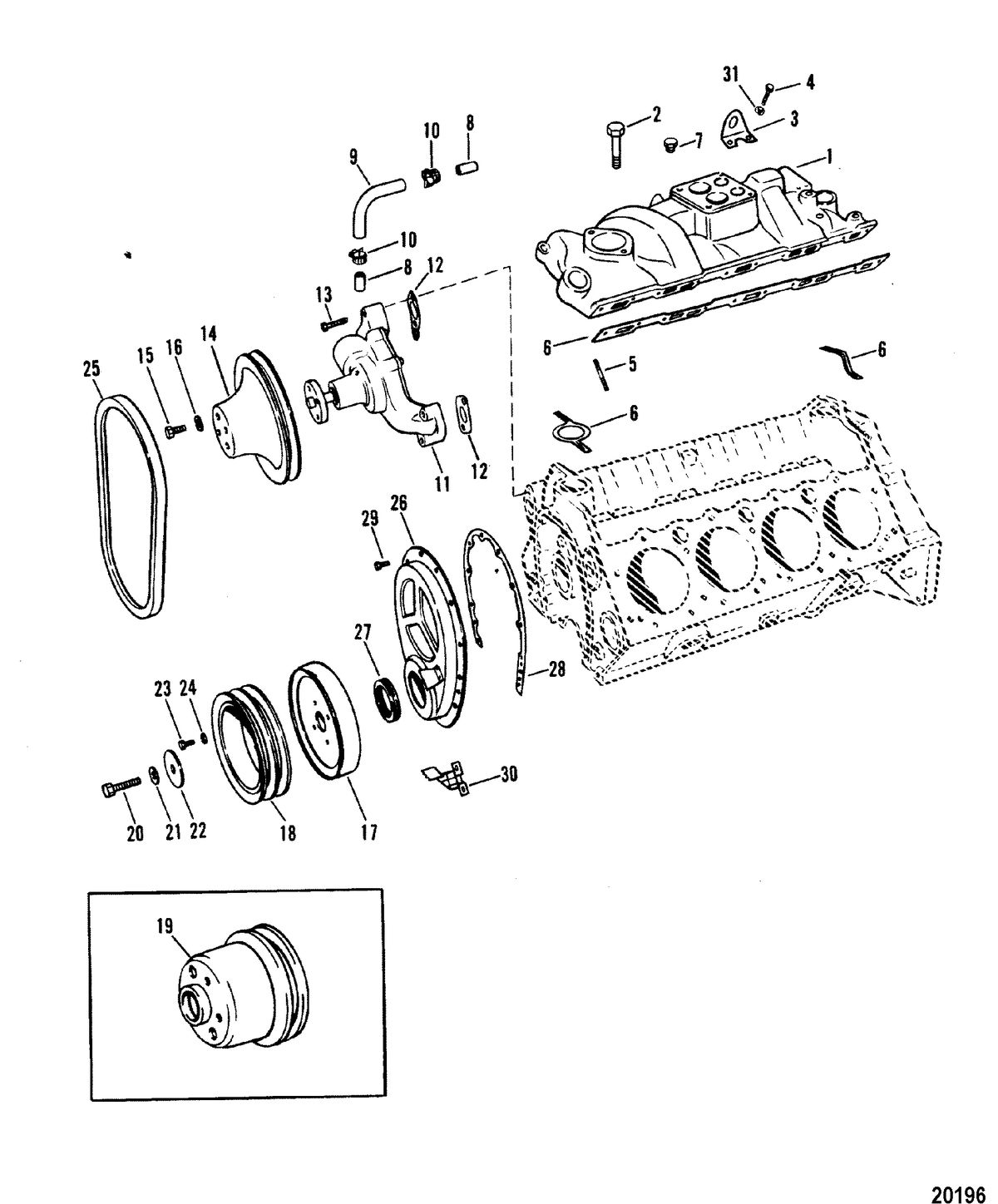 MERCRUISER 330 H.P. ENGINE W/BORG WARNER Intake Manifold and Front Cover(Stamped Crankshaft Pulley)