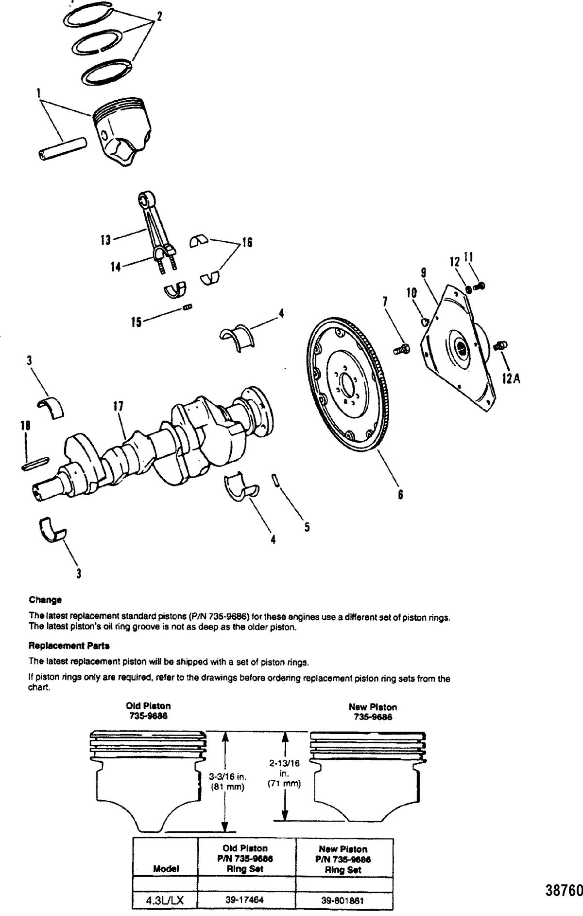 MERCRUISER 4.3L/4.3LX ALPHA ONE ENGINE (262 CID) GEN II CRANKSHAFT AND PISTONS