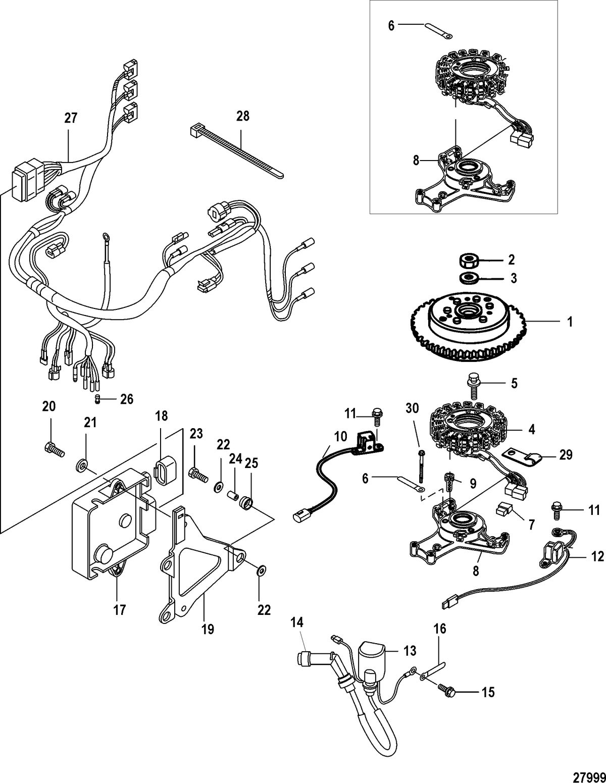 MERCURY/MARINER 25/30/JET 25 EFI/3 CYLINDER 4-STROKE Flywheel, ECU and Wiring Harness