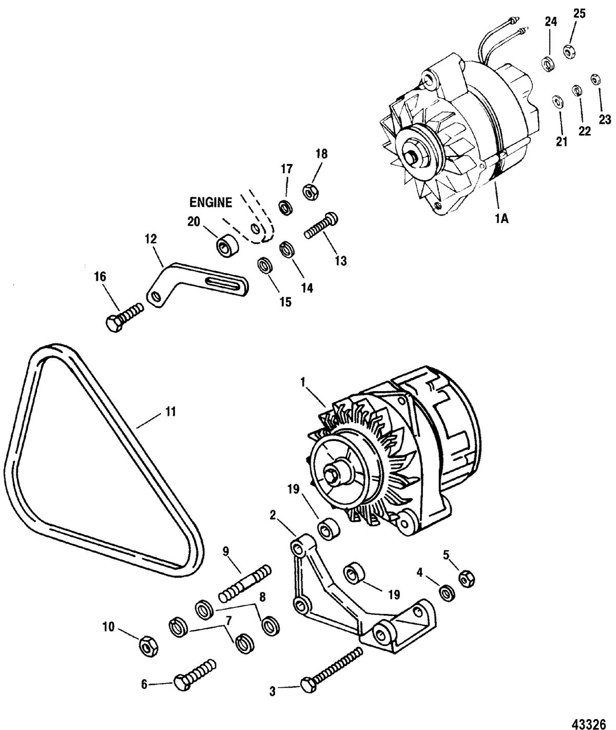 MERCRUISER D4.2L/220 IDI DIESEL Alternator & Mounting Hardware(S/N-0F319301 and Below)