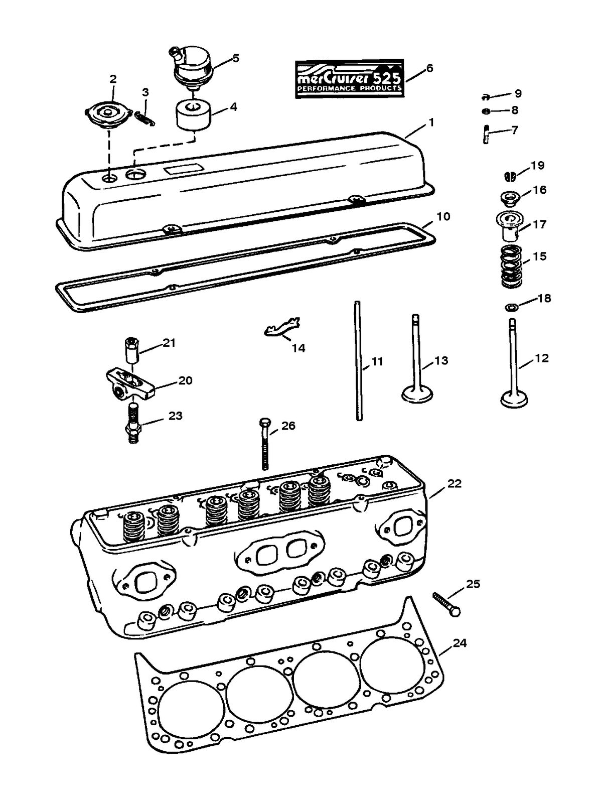 MERCRUISER 525 H.P. ENGINE CYLINDER HEAD & ROCKER COVER