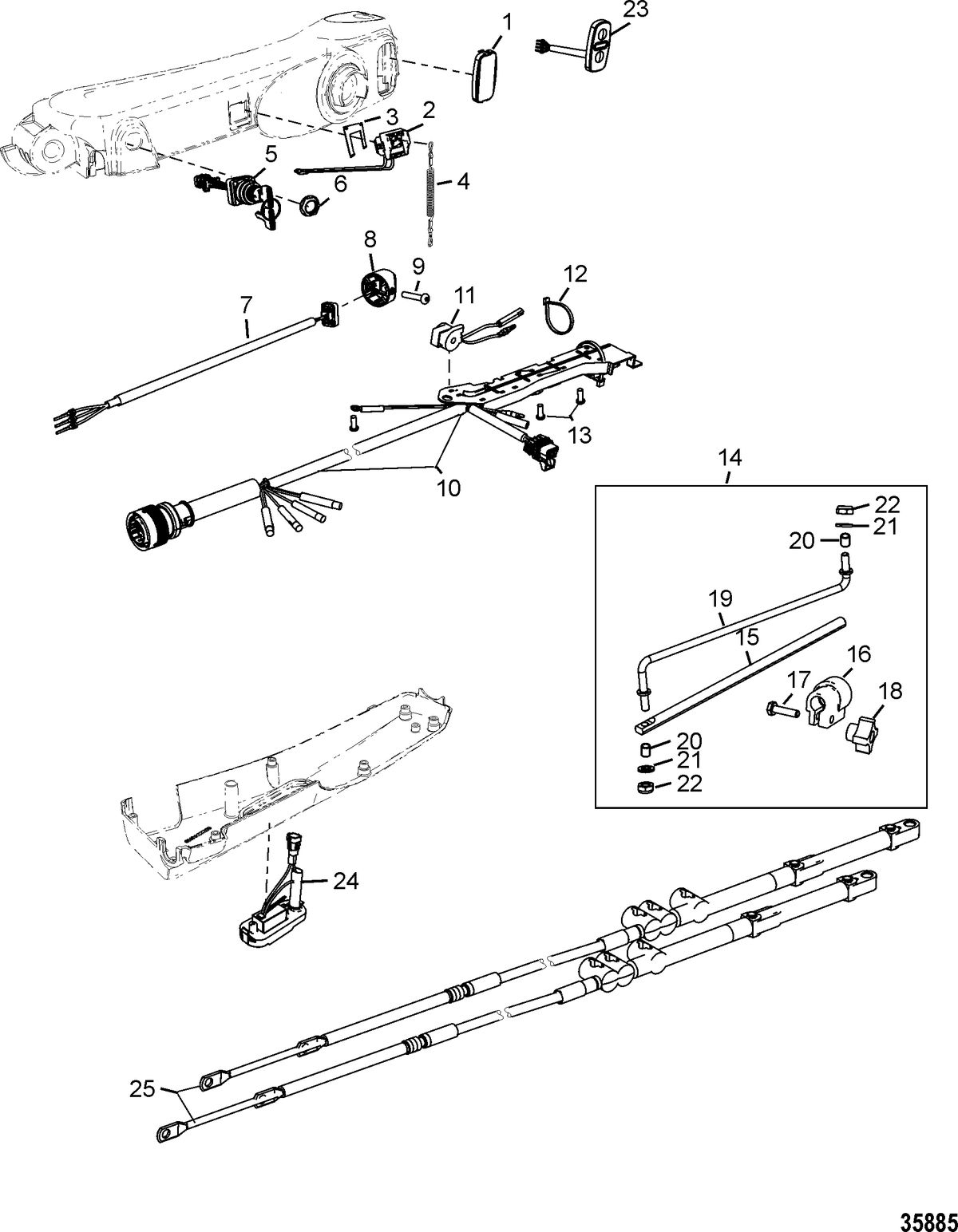 ACCESSORIES STEERING SYSTEMS AND COMPONENTS Tiller Handle Kit Components(Big Tiller-Manual Mechanical)