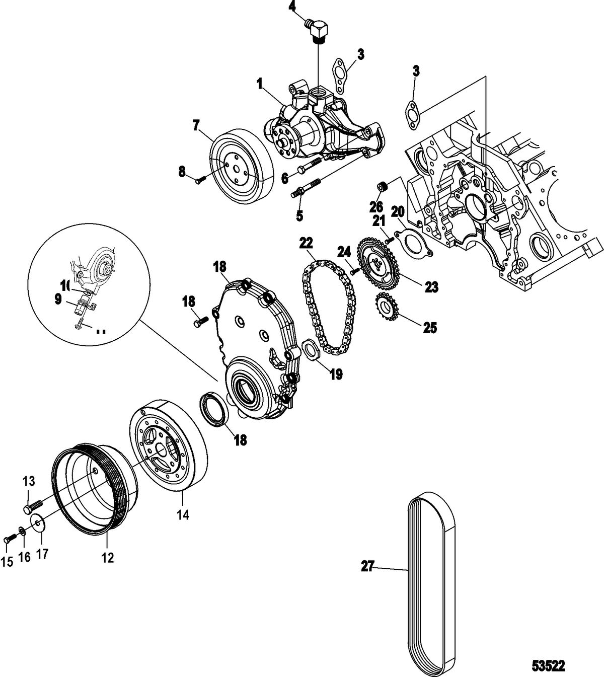 MERCRUISER 357 HORIZON INBOARD REMAN FRONT COVER AND CIRCULATING PUMP