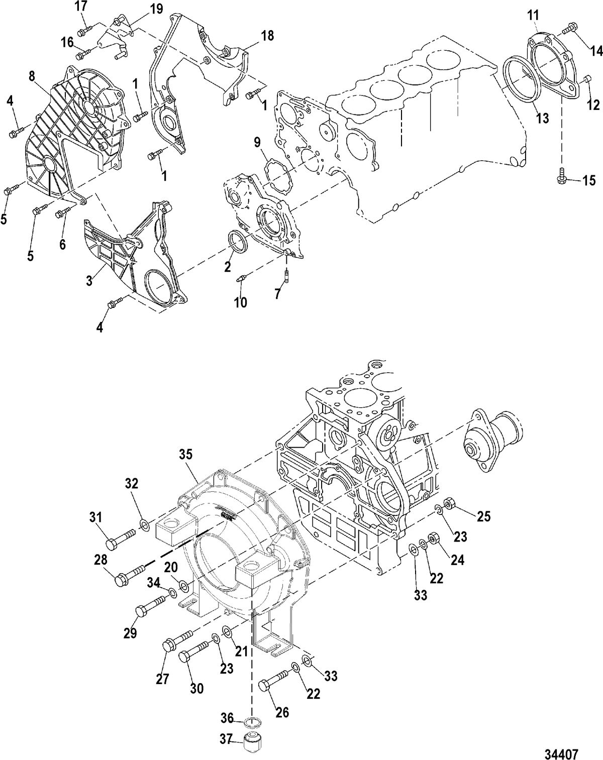 MERCRUISER D1.7L DTI STERNDRIVE (ALPHA) TIMING COVER AND FLYWHEEL HOUSING