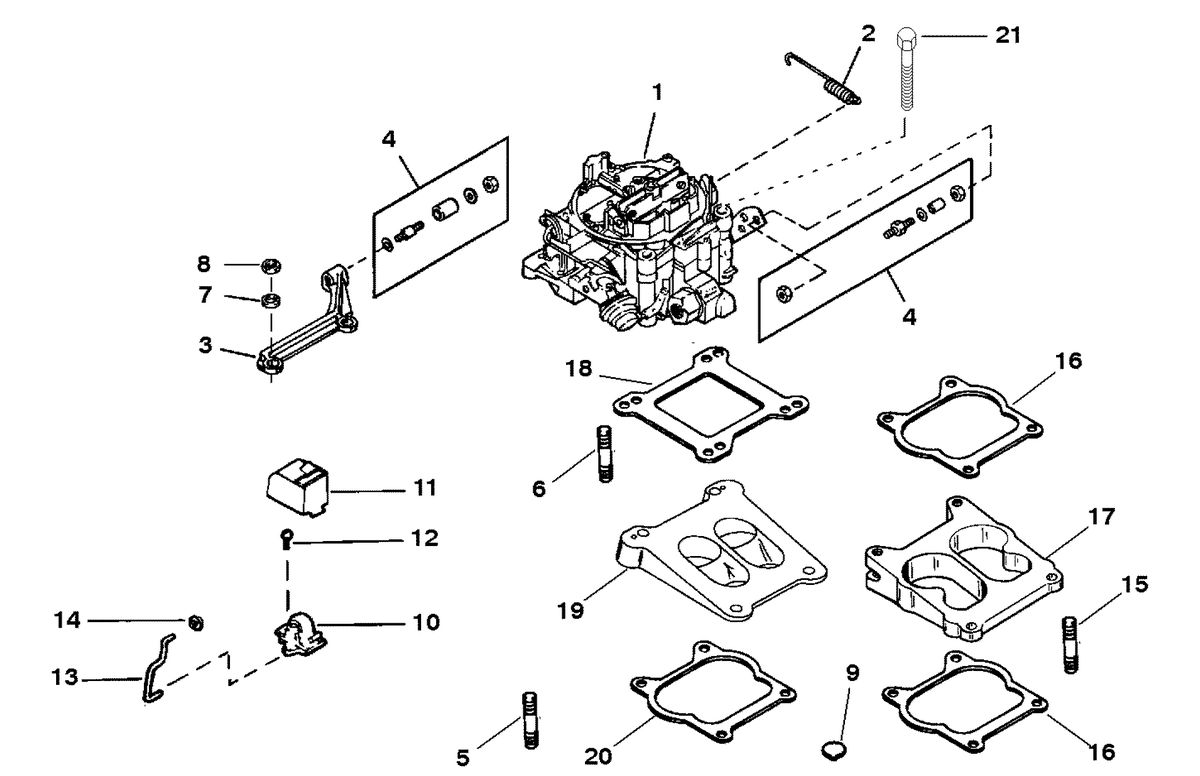 MERCRUISER 5.7L INBOARD ENGINE CARBURETOR AND LINKAGE (WEDGE MOUNTING)