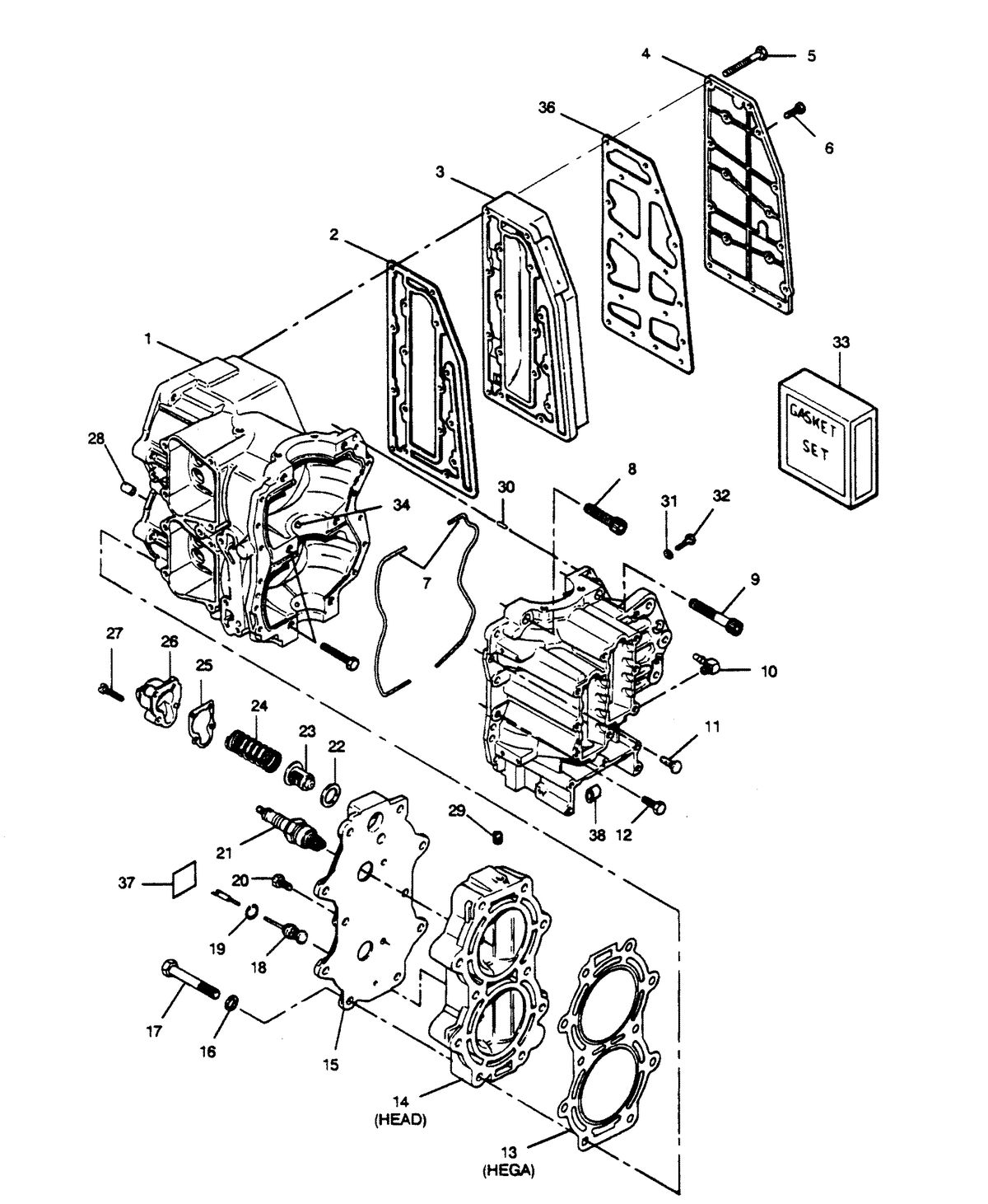 FORCE FORCE 1990 50 H.P. "C" MODELS CYLINDER BLOCK, HEAD AND EXHAUST CHEST COVER