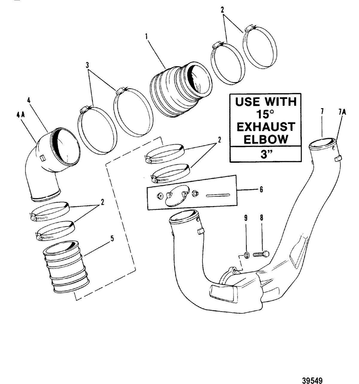 MERCRUISER 898/200/228/230/260 HP R/MR/ALPHA ONE EXHAUST SYSTEM, USE WITH 15 DEGREE EXHAUST ELBOW