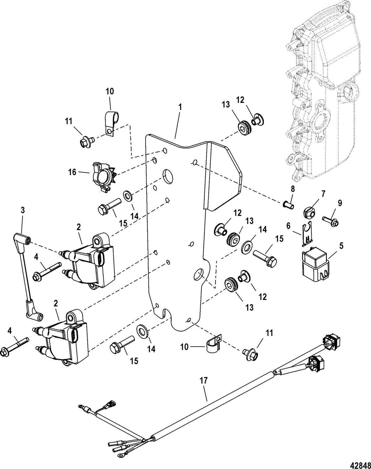MERCURY/MARINER 40/50/60/JET 40 EFI - 4 CYLINDER  4-STROKE Ignition Coil Mounting, 1C104424/0P560350 and Up