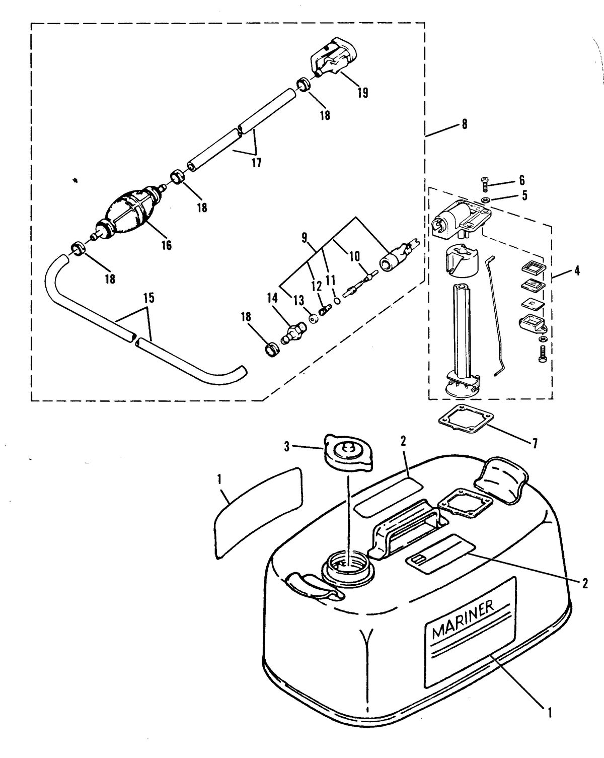 MERCURY/MARINER 15 H.P. W/MARATHON FUEL TANK AND FUEL LINE ASSEMBLY (ORIGINAL EQUIPMENT)