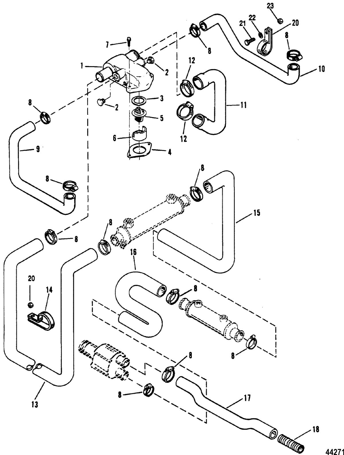 MERCRUISER 7.4L (MIE) HURTH/BORG WARNER (GEN V) THERMOSTAT HOUSING(STANDARD COOLING) 0F350000 AND UP