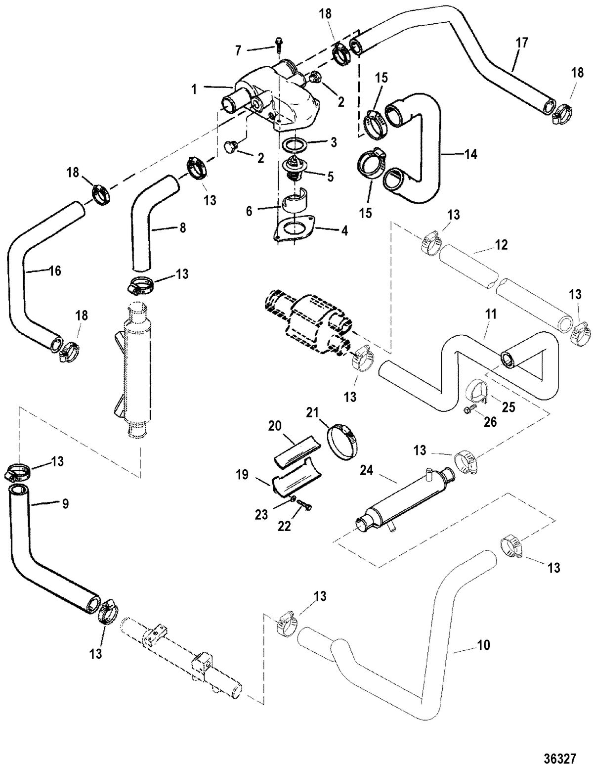 MERCRUISER 454/502 MPI MAG BRAVO (GEN VI) THERMOSTAT HOUSING & HOSES