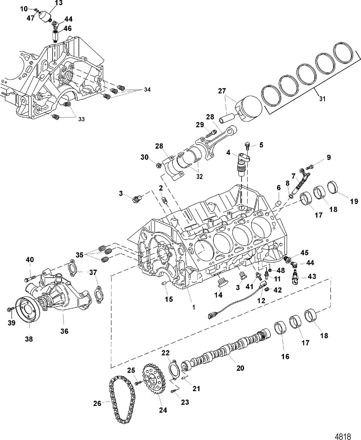 MERCRUISER 8.1L INBOARD CYLINDER BLOCK, Camshaft and Pistons