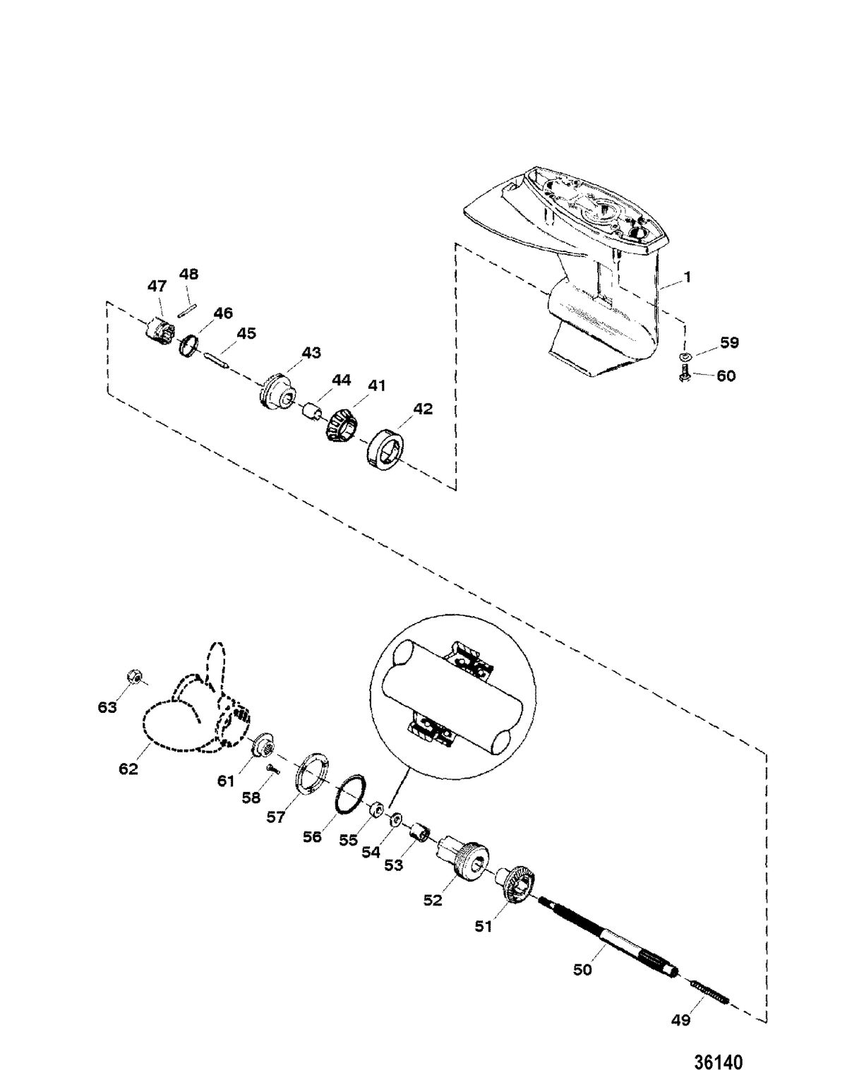 MERCURY/MARINER 25 H.P. (3 CYL.) LIGHTNING GEAR HOUSING ASSEMBLY, PROPELLER SHAFT