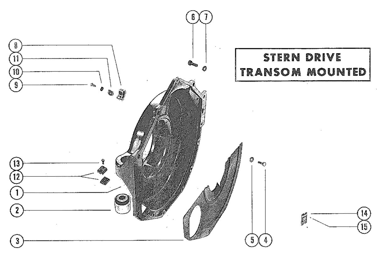 MERCRUISER 225 ENGINE (STERN DRIVE AND INBOARD) FLYWHEEL HOUSING AND MOUNTING BRACKETS (TRANSOM MOUNTED)