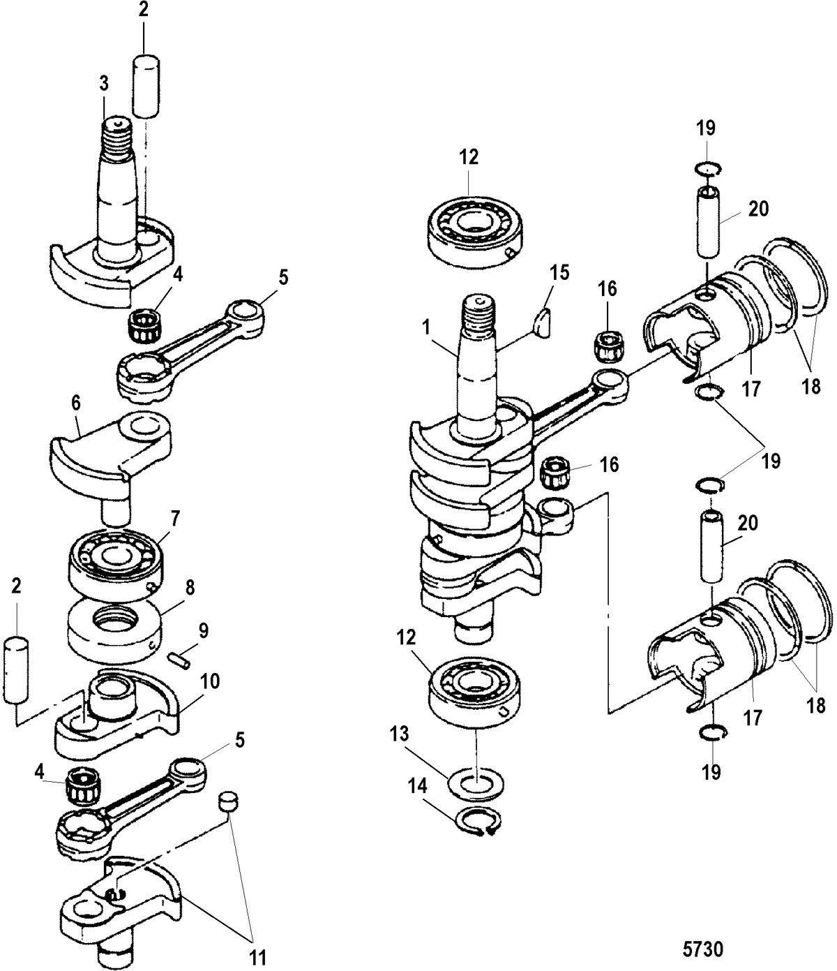 MERCURY/MARINER 15/18 HP (2 CYLINDER) INTERNATIONAL Crankshaft, Pistons and Conecting Rods