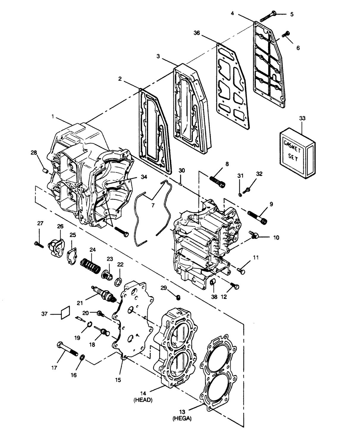FORCE FORCE 1990 50 H.P. "D" MODELS CYLINDER BLOCK, HEAD AND EXHAUST CHEST COVER