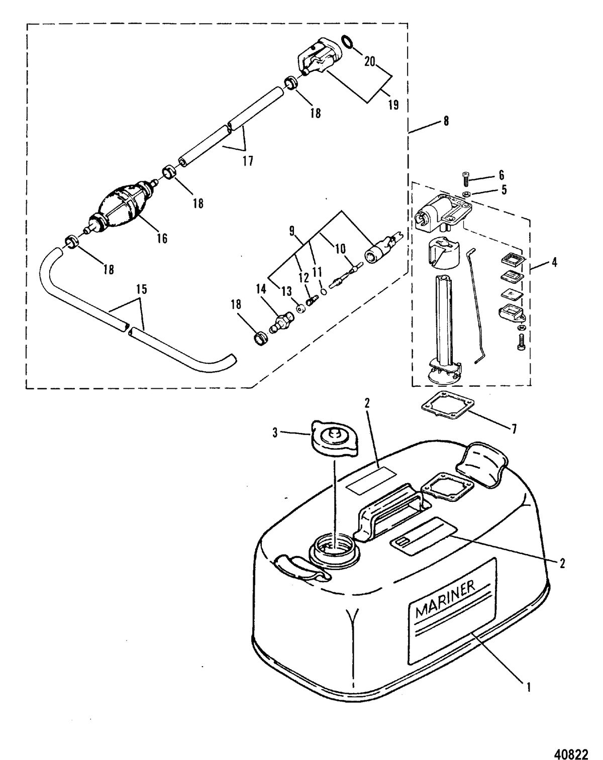 MARINER 40 H.P. W/MARATHON FUEL TANK AND FUEL LINE ASSEMBLY(ORIGINAL EQUIPMENT)