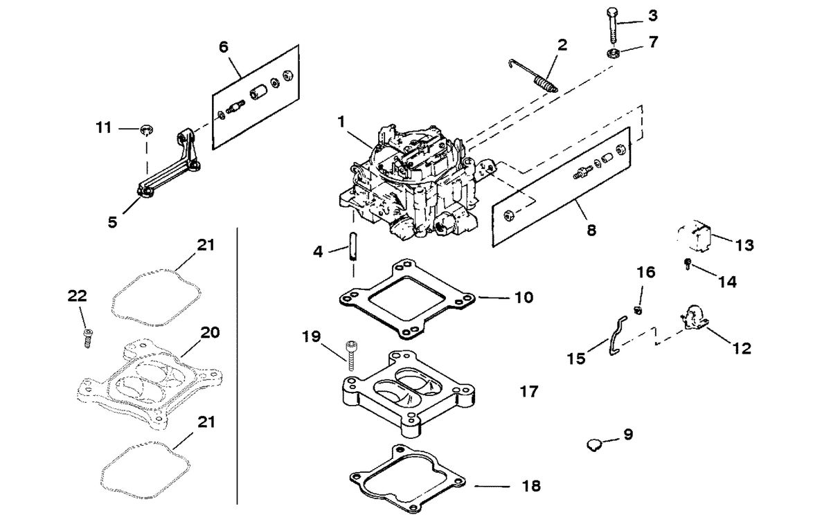 MERCRUISER 5.7L INBOARD ENGINE CARBURETOR AND LINKAGE (SPACER MOUNTED)