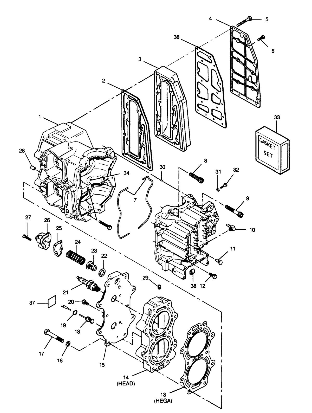 FORCE FORCE 1990 50 H.P. "B" MODELS CYLINDER BLOCK, HEAD AND EXHAUST CHEST COVER