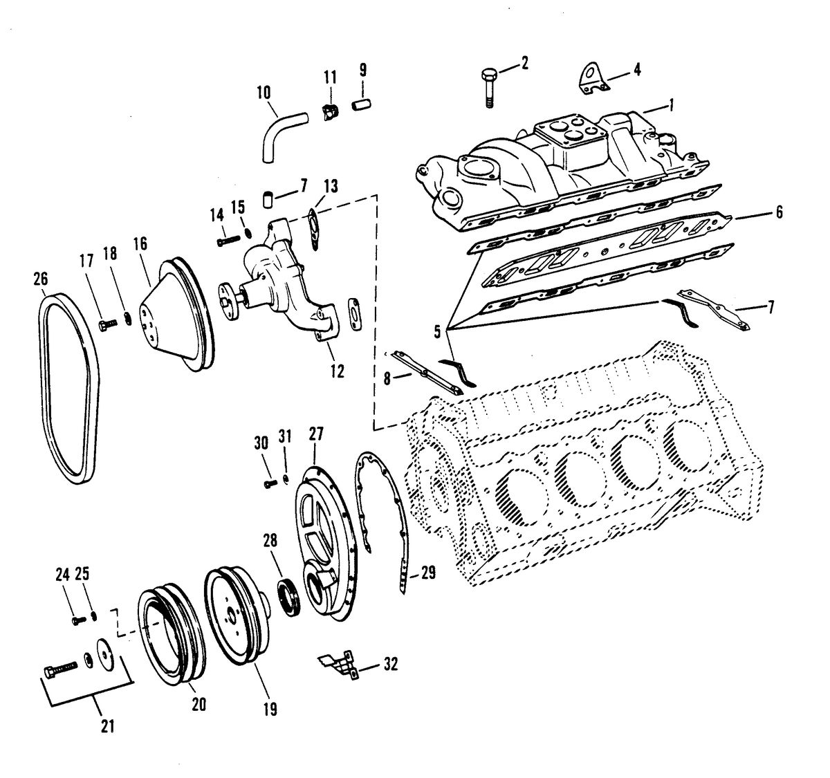 MERCRUISER 575 H.P. ENGINE (CARD 54) INTAKE MANIFOLD AND FRONT COVER