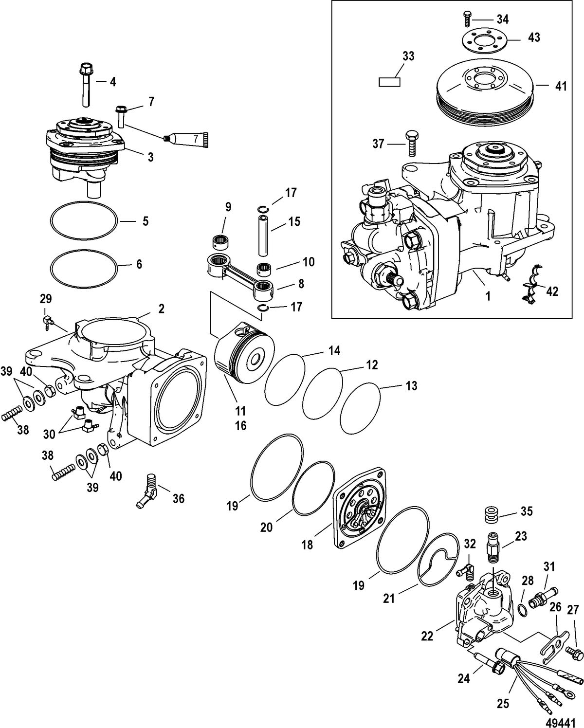 RACE OUTBOARD 200XS DFI (2.5L) ROS Air Compressor Components, SN 1B884881 and up