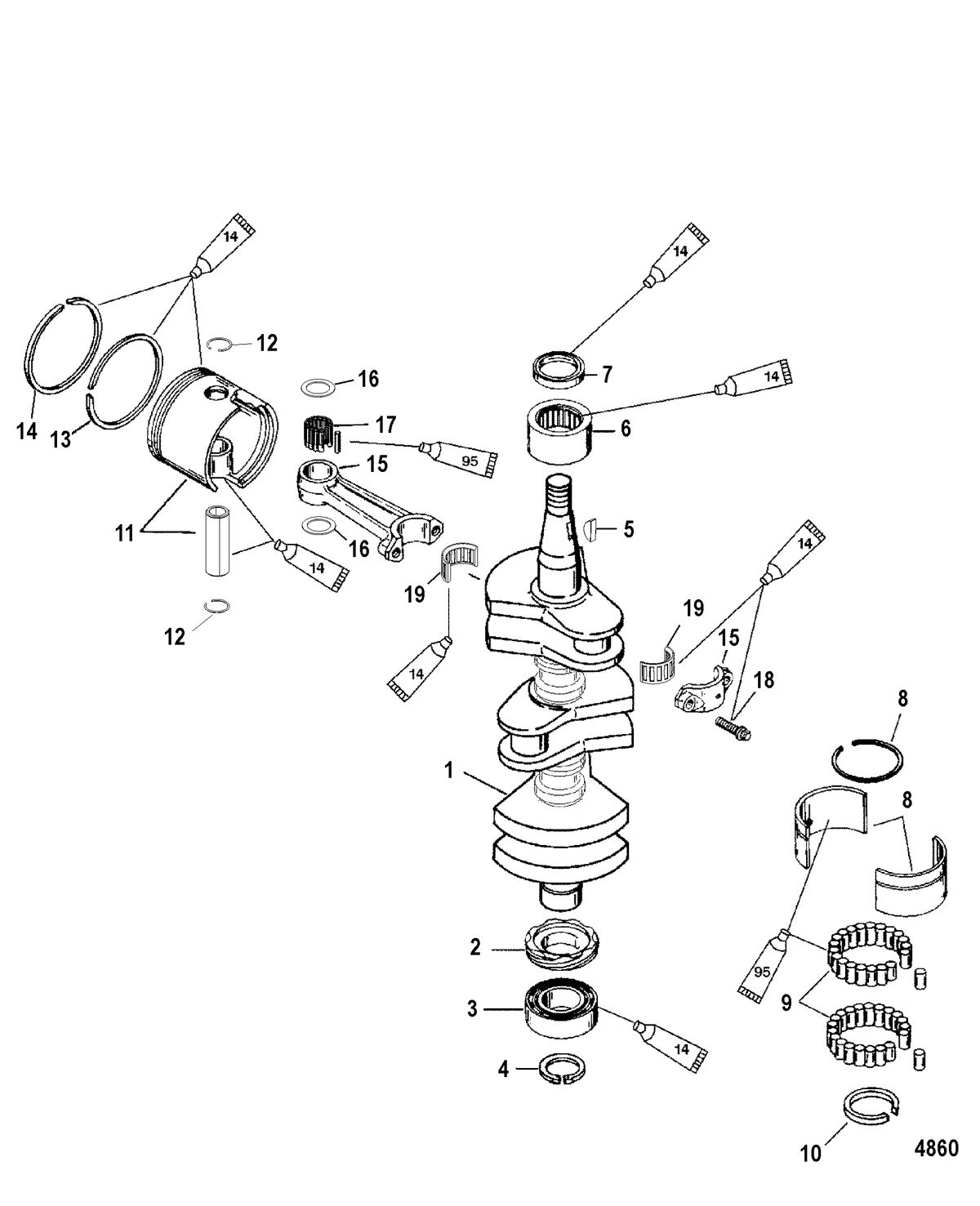 MERCURY/MARINER 55/60/45 JET/60 BIGFOOT (2-STROKE) Crankshaft, Pistons and Connecting Rods