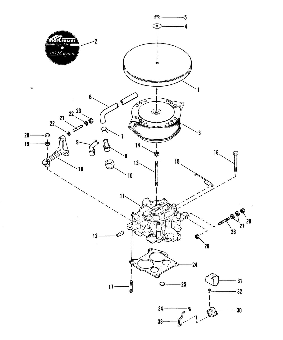 MERCRUISER 350 MAGNUM ENGINE CARBURETOR AND THROTTLE LINKAGE
