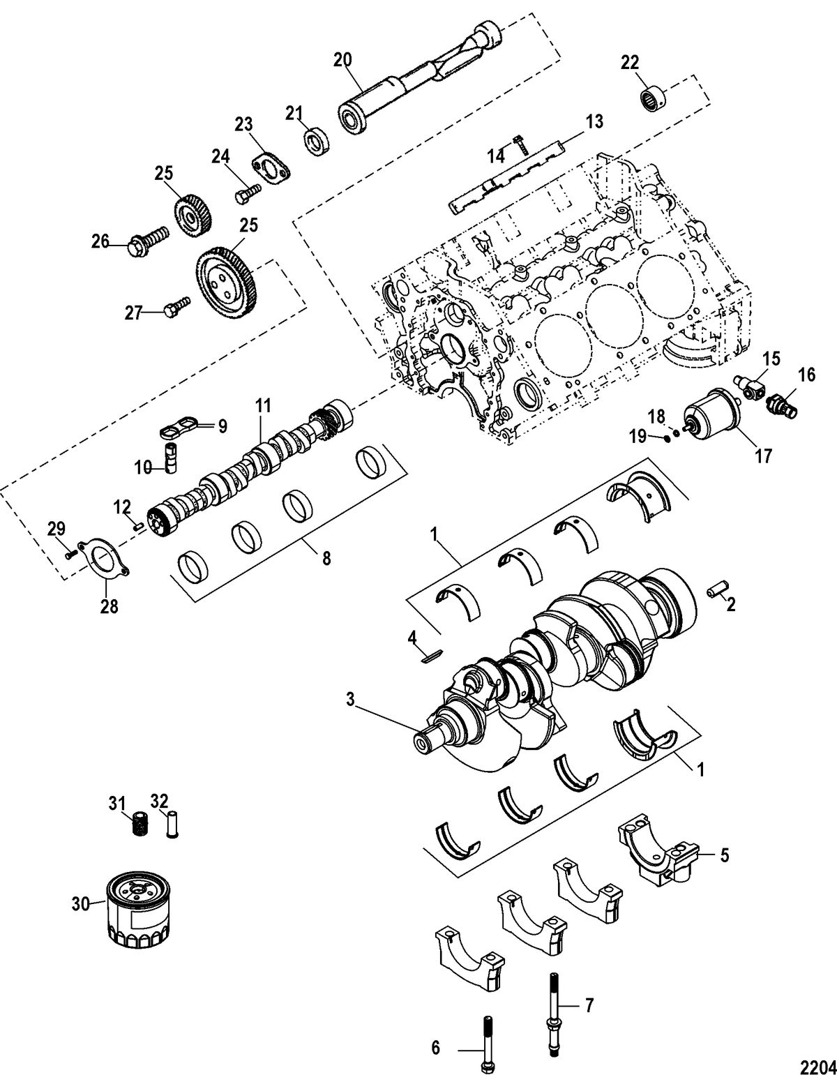 MERCRUISER 4.3L CARB ALPHA/BRAVO Cylinder Block, Camshaft, Crankshaft and Balanceshaft