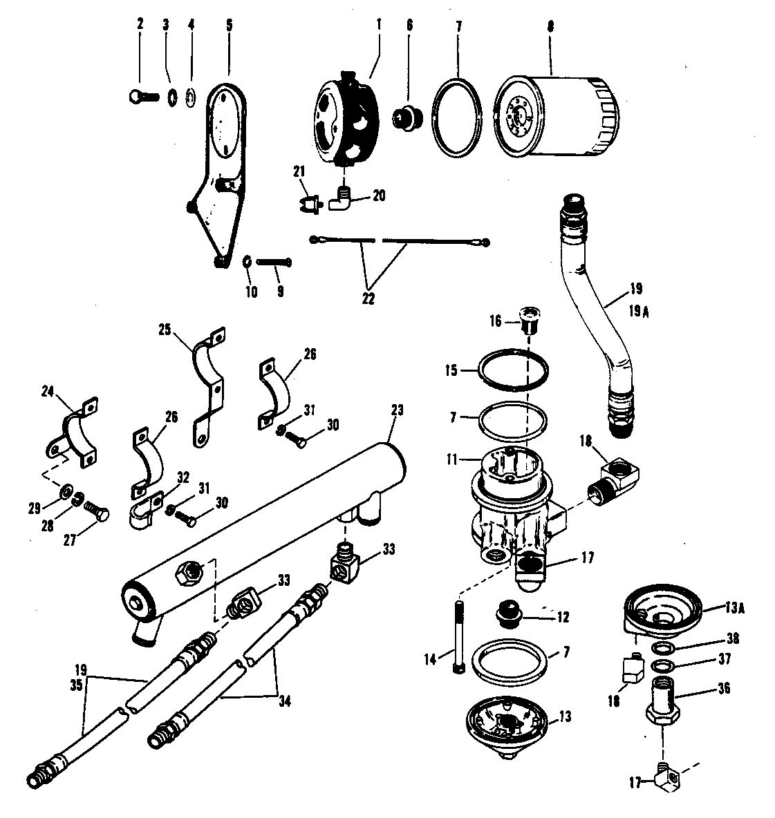 MERCRUISER 465 H.P. ENGINE OIL COOLER, OIL FILTER AND ADAPTOR