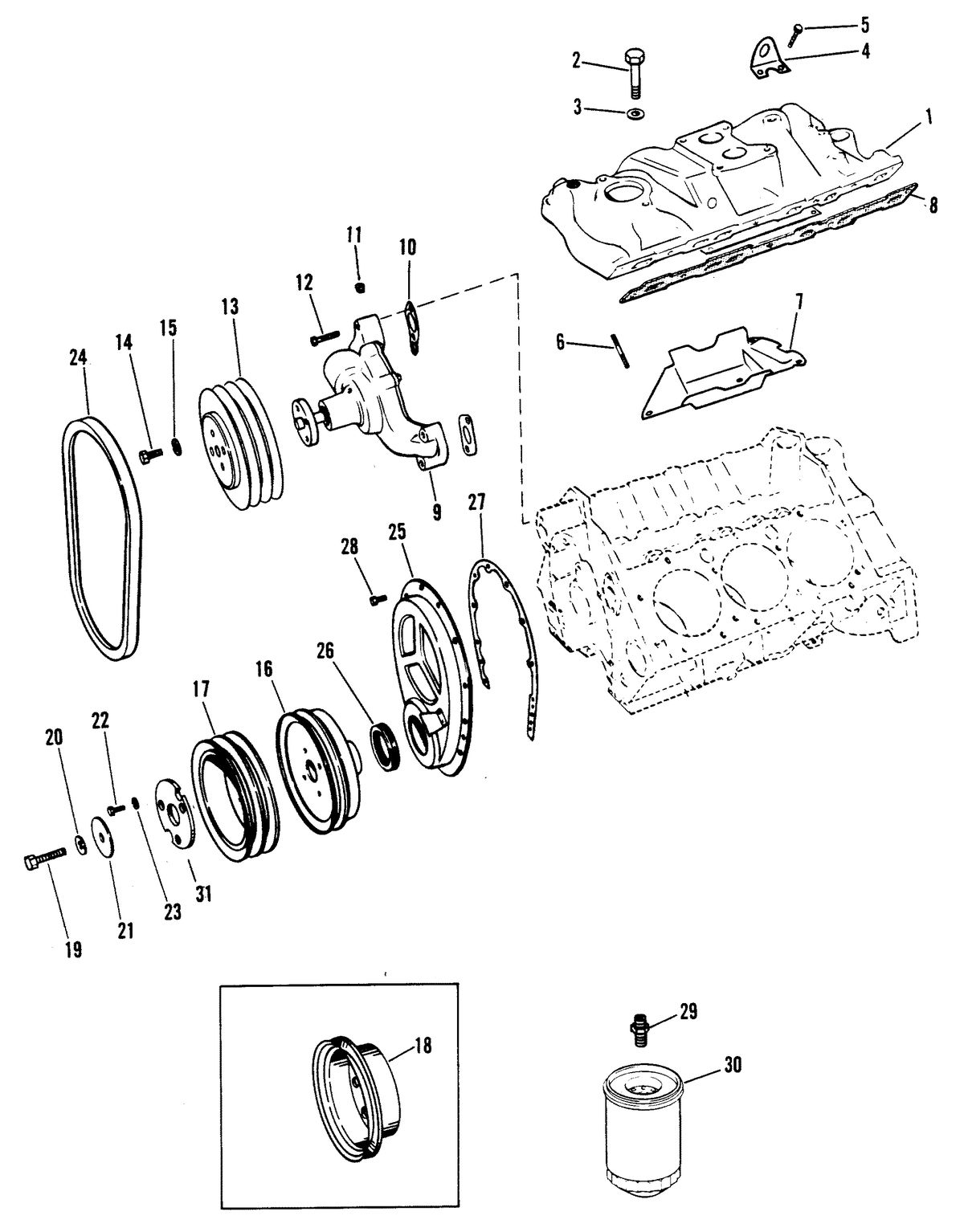 MERCRUISER 185R/MR ENGINE (229 CID) INTAKE MANIFOLD AND FRONT COVER