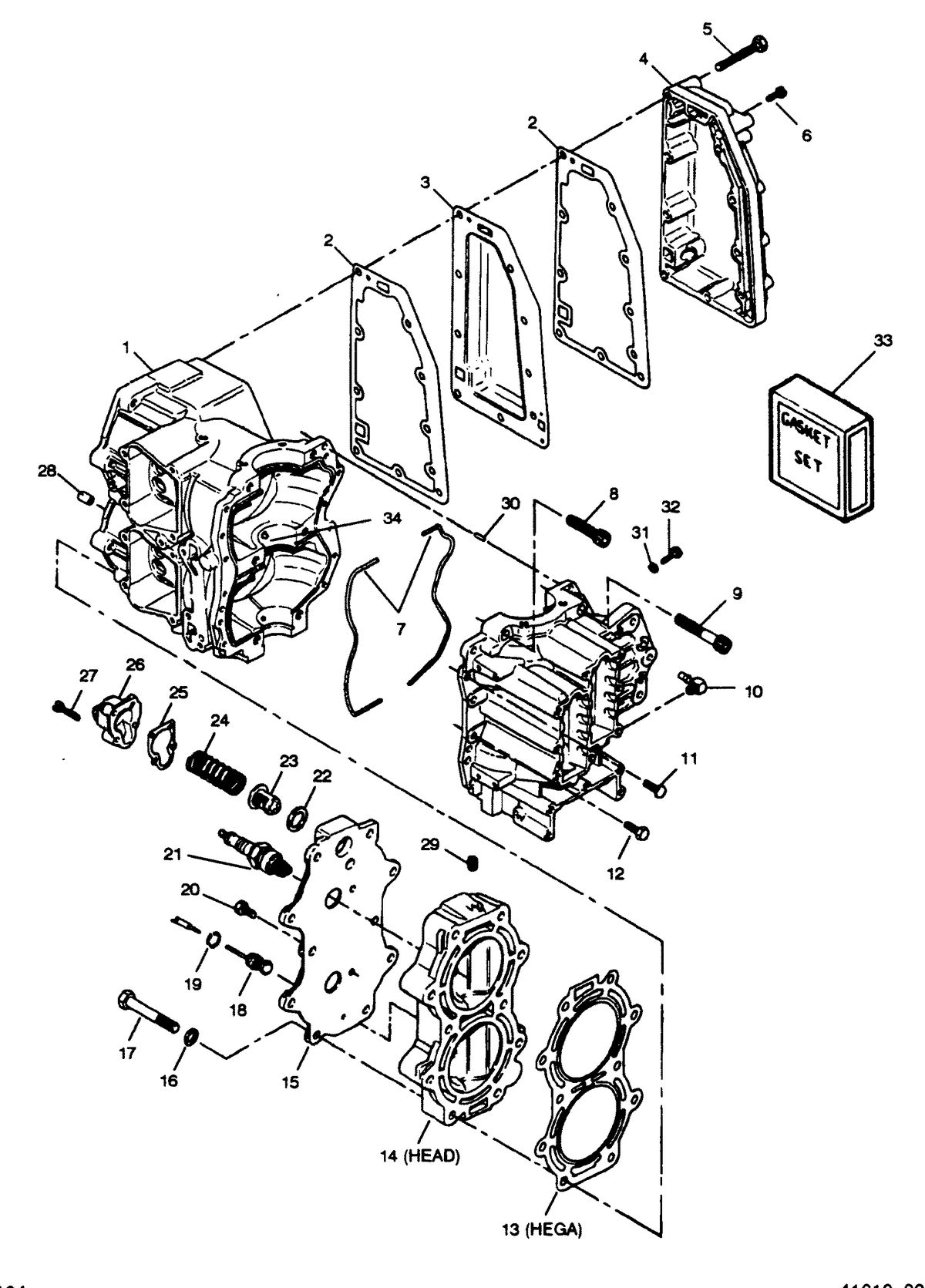FORCE FORCE 1988 50 H.P. "C" MODELS CYLINDER BLOCK, HEAD AND EXHAUST CHEST COVER