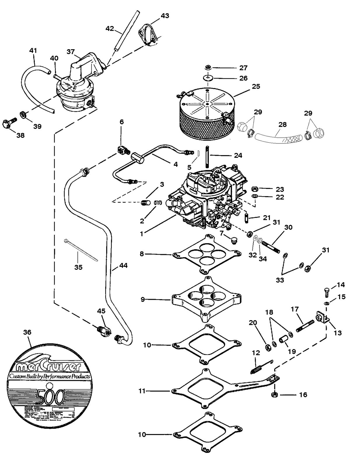 RACE STERNDRIVE HP 500 BULLDOG (540 CID) CARBURETOR AND LINKAGE (SERIAL # 0F348987 AND DOWN)