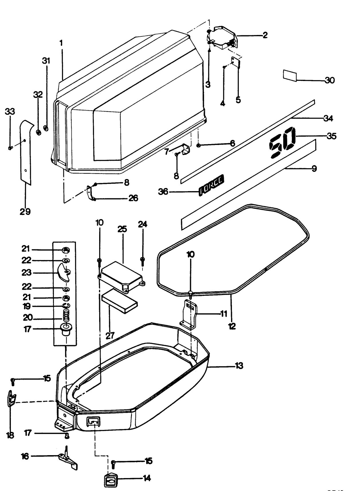FORCE FORCE 1987 50 H.P. ENGINE COVER AND SUPPORT PLATE