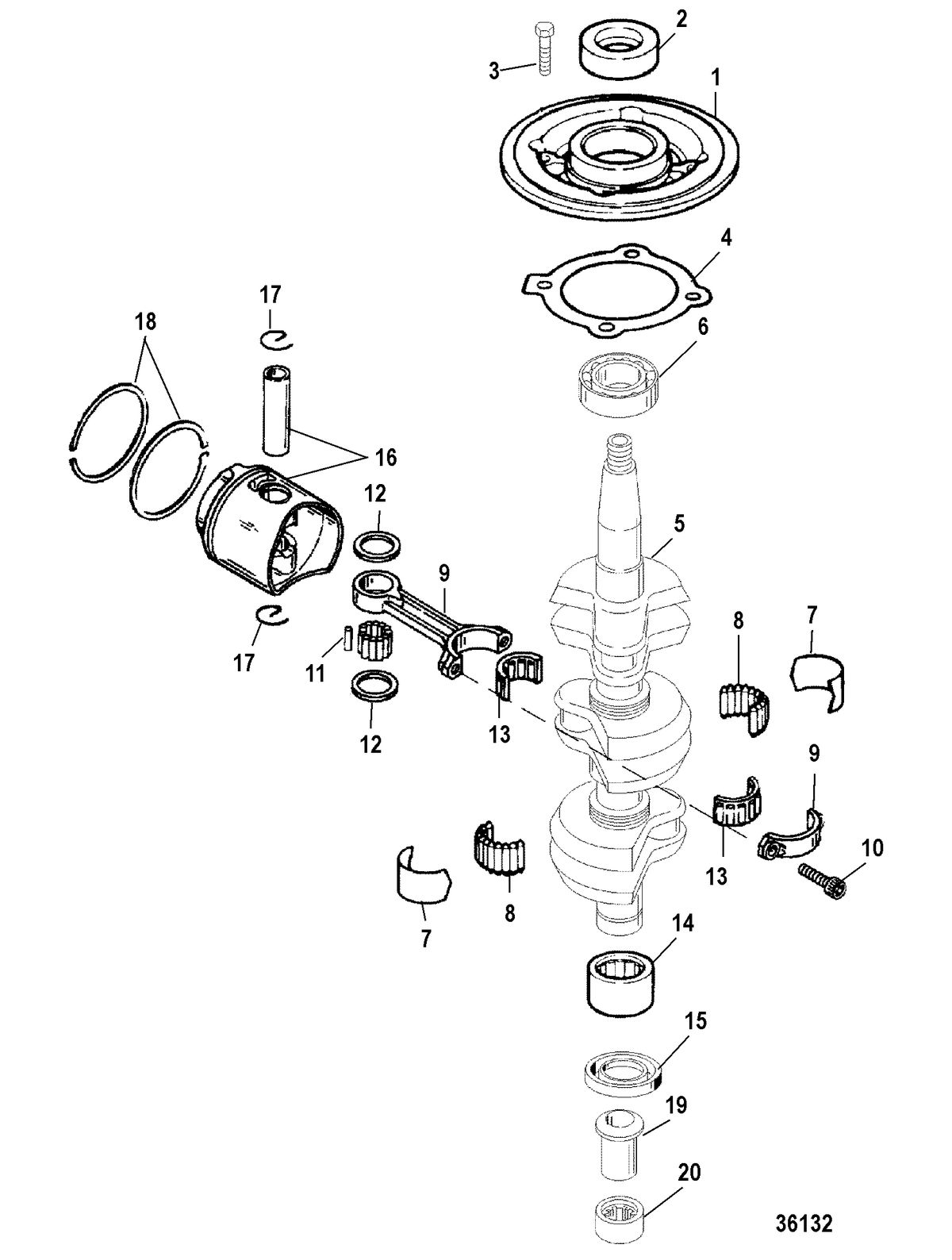 MERCURY/MARINER 25 H.P. (3 CYL.)(INTERNATIONAL) CRANKSHAFT AND PISTON