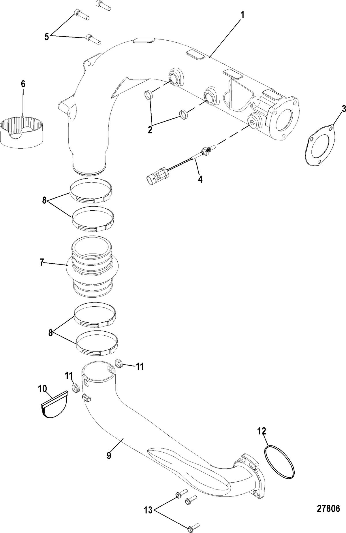 MERCRUISER VAZER 100 EC Exhaust System, Crossover and Exhaust Pipe