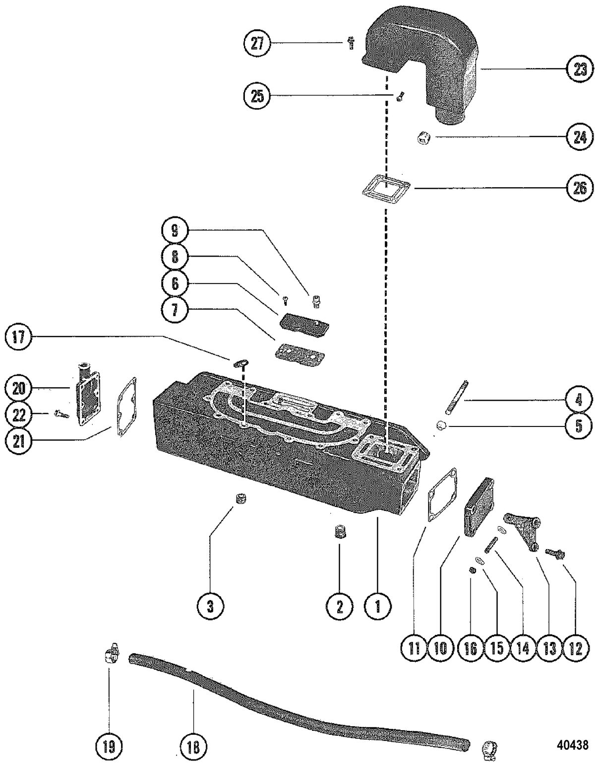 MERCRUISER 120 ENGINE EXHAUST MANIFOLD ASSEMBLY, END CAP AND ELBOW ASSEMBLY