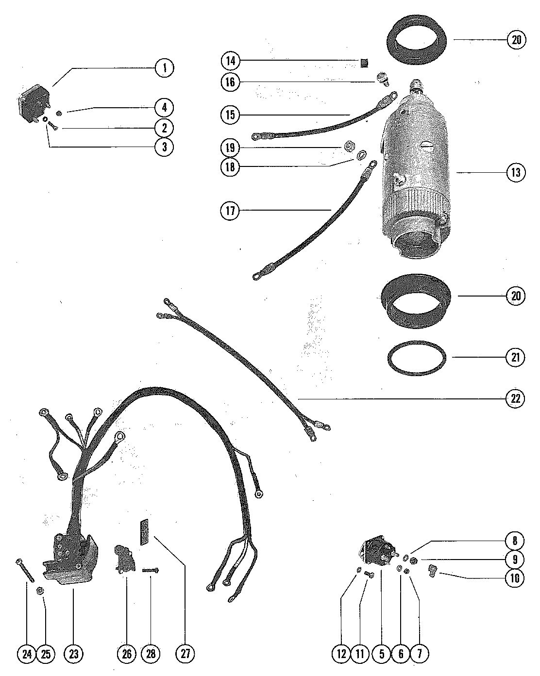 MERCURY MERC 650 (3 CYLINDER) STARTER MOTOR, STARTER SOLENOID AND RECTIFIER ASSEMBLY