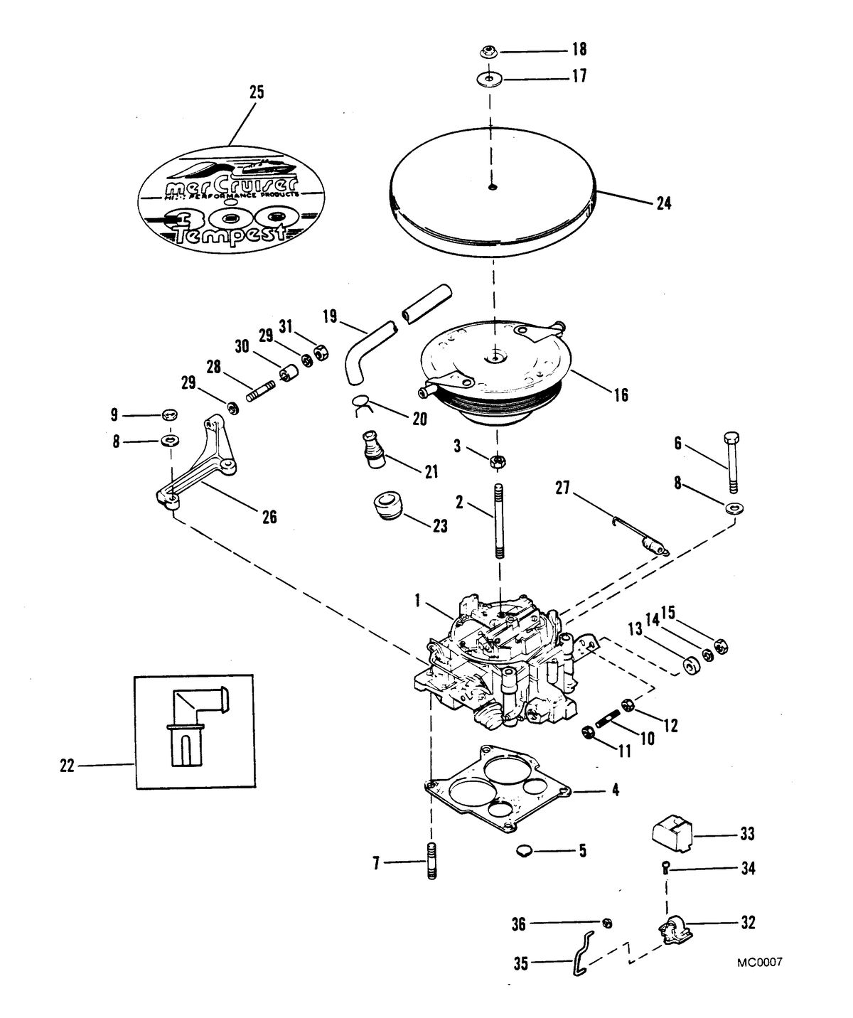 MERCRUISER 300 TEMPEST (MR/TR) ENGINE CARBURETOR AND THROTTLE LINKAGE