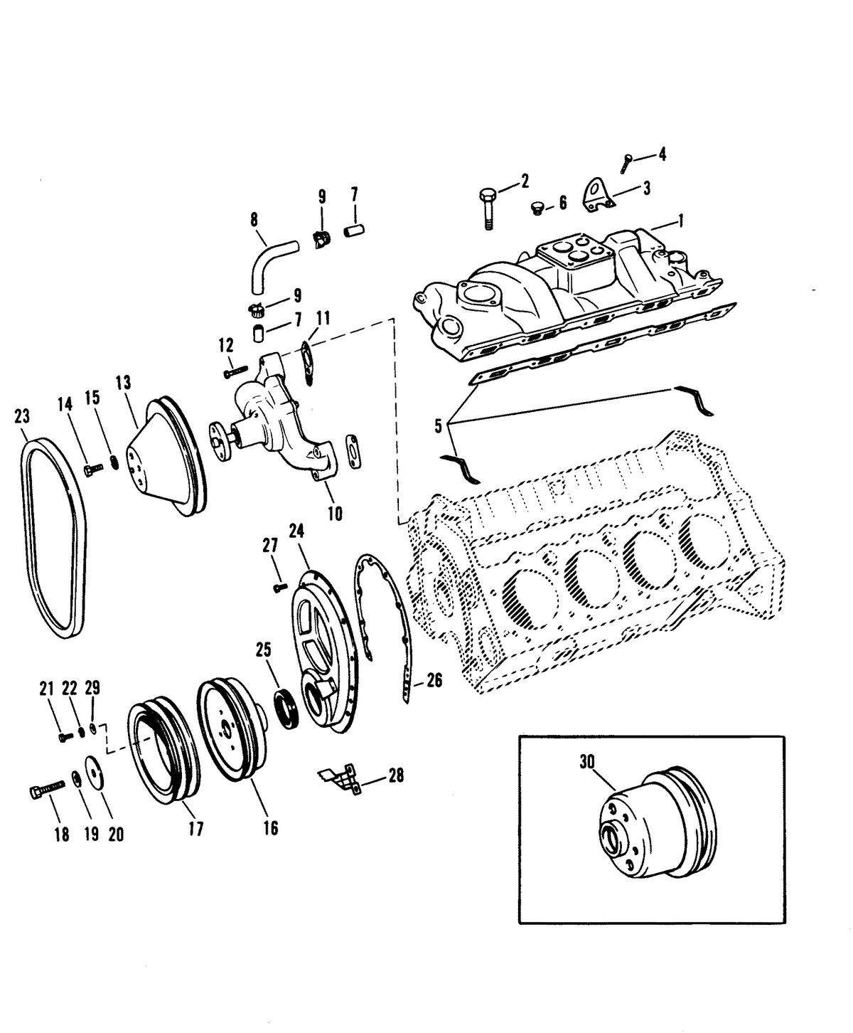 MERCRUISER 370 H.P. TRS ENGINE (CARD 37) INTAKE MANIFOLD AND FRONT COVER