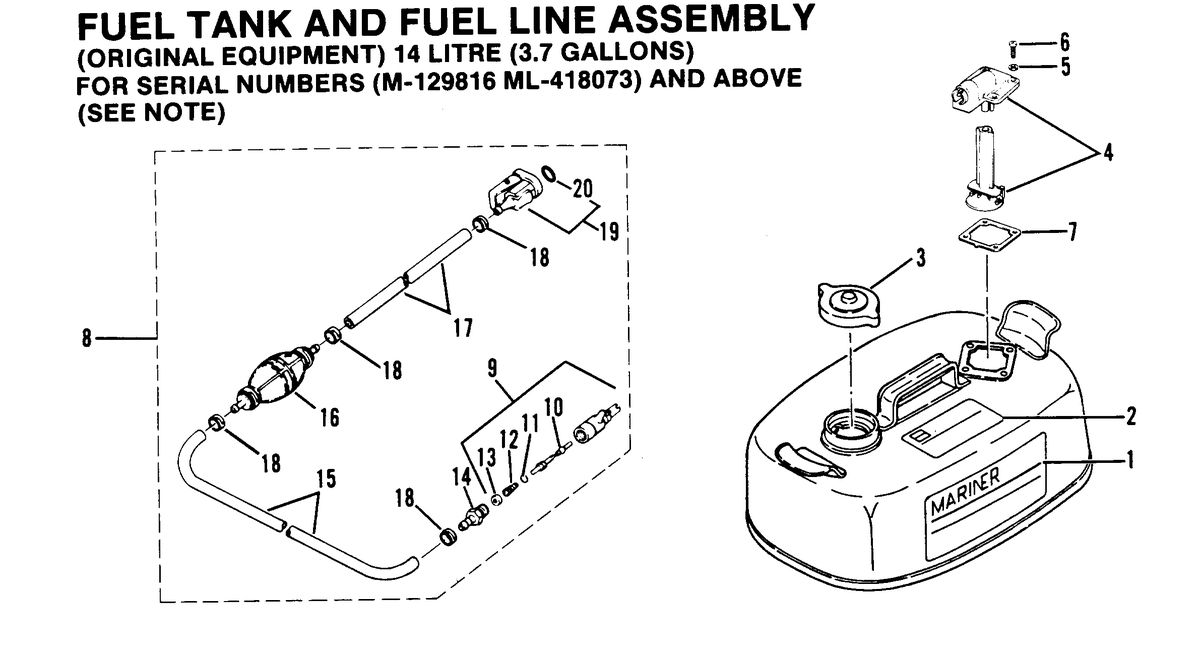 MARINER 5 H.P. FUEL TANK AND FUEL LINE ASSEMBLY