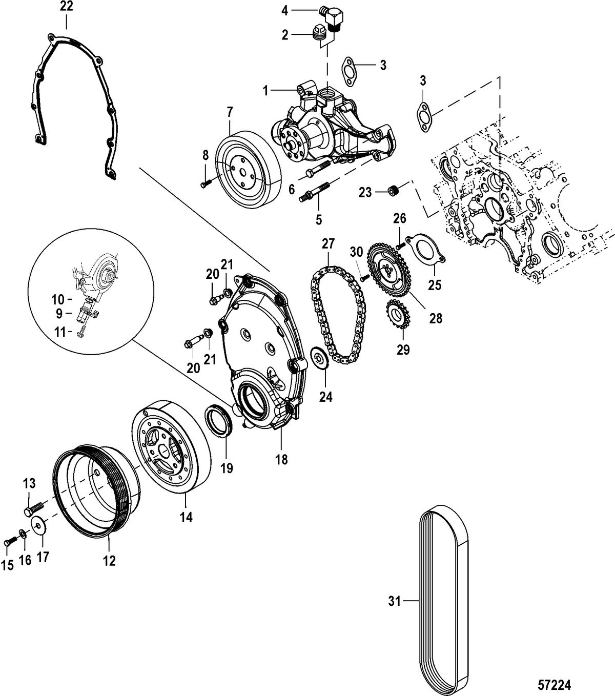 MERCRUISER 4.3L MPI ALPHA/BRAVO Front Cover and Circulating Pump