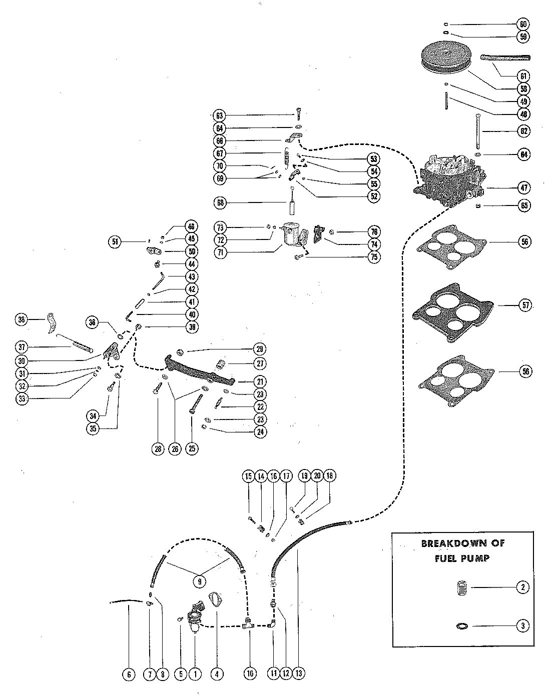 MERCRUISER 200 ENGINE FUEL PUMP, CARBURETOR AND THROTTLE LINKAGE
