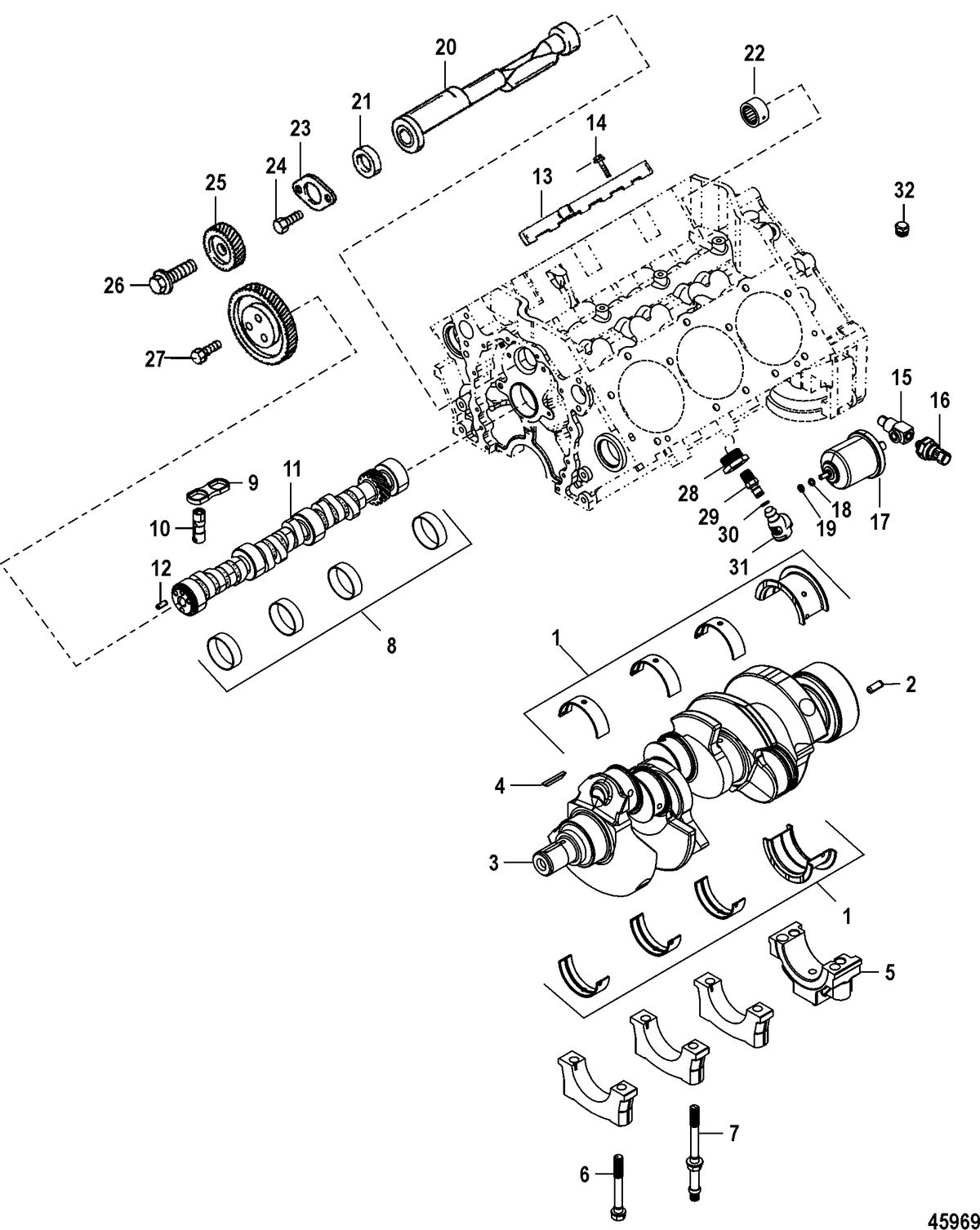 MERCRUISER 4.3L MPI ALPHA/BRAVO EC Cylinder Block, Camshaft, Crankshaft and Balanceshaft