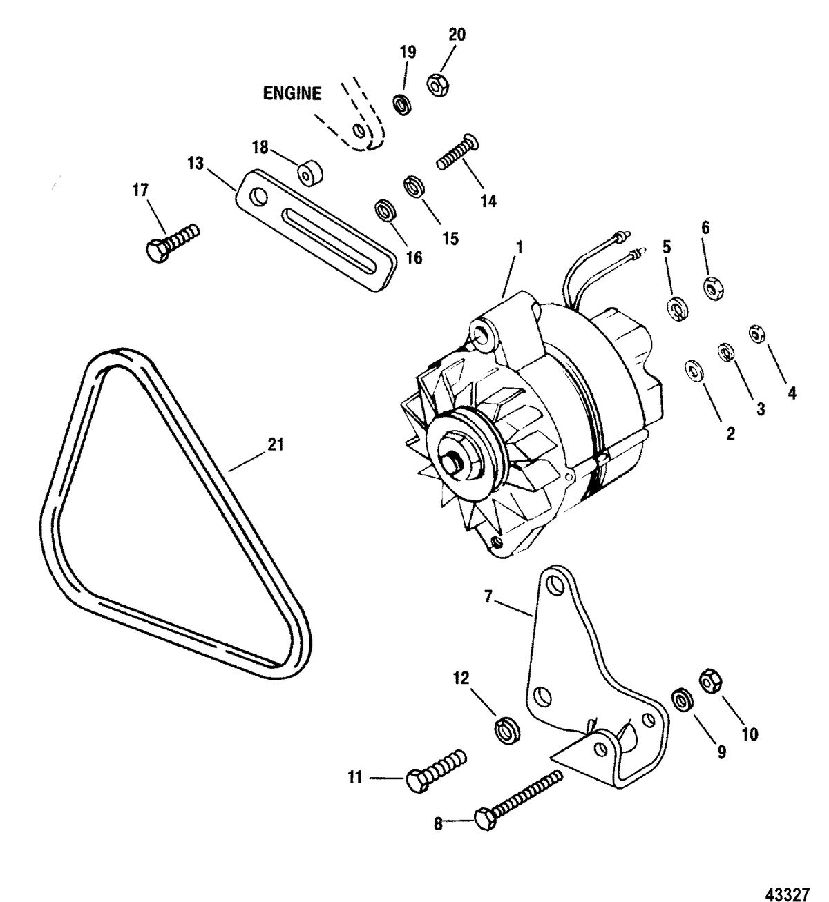 MERCRUISER D4.2L/220 IDI DIESEL Alternator & Mounting Hardware(S/N-0F319302 and Up)